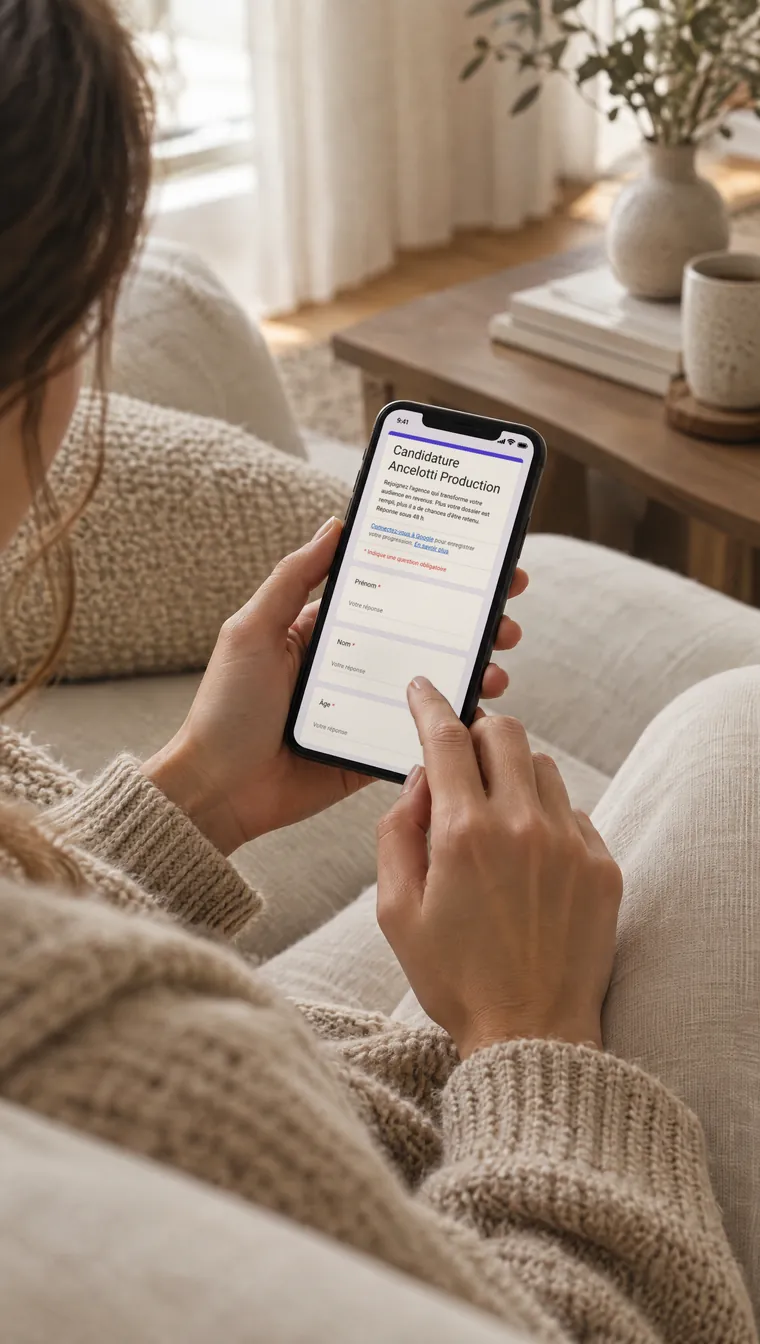 Une main remplit un formulaire sur un téléphone, dans un salon aux tons crème