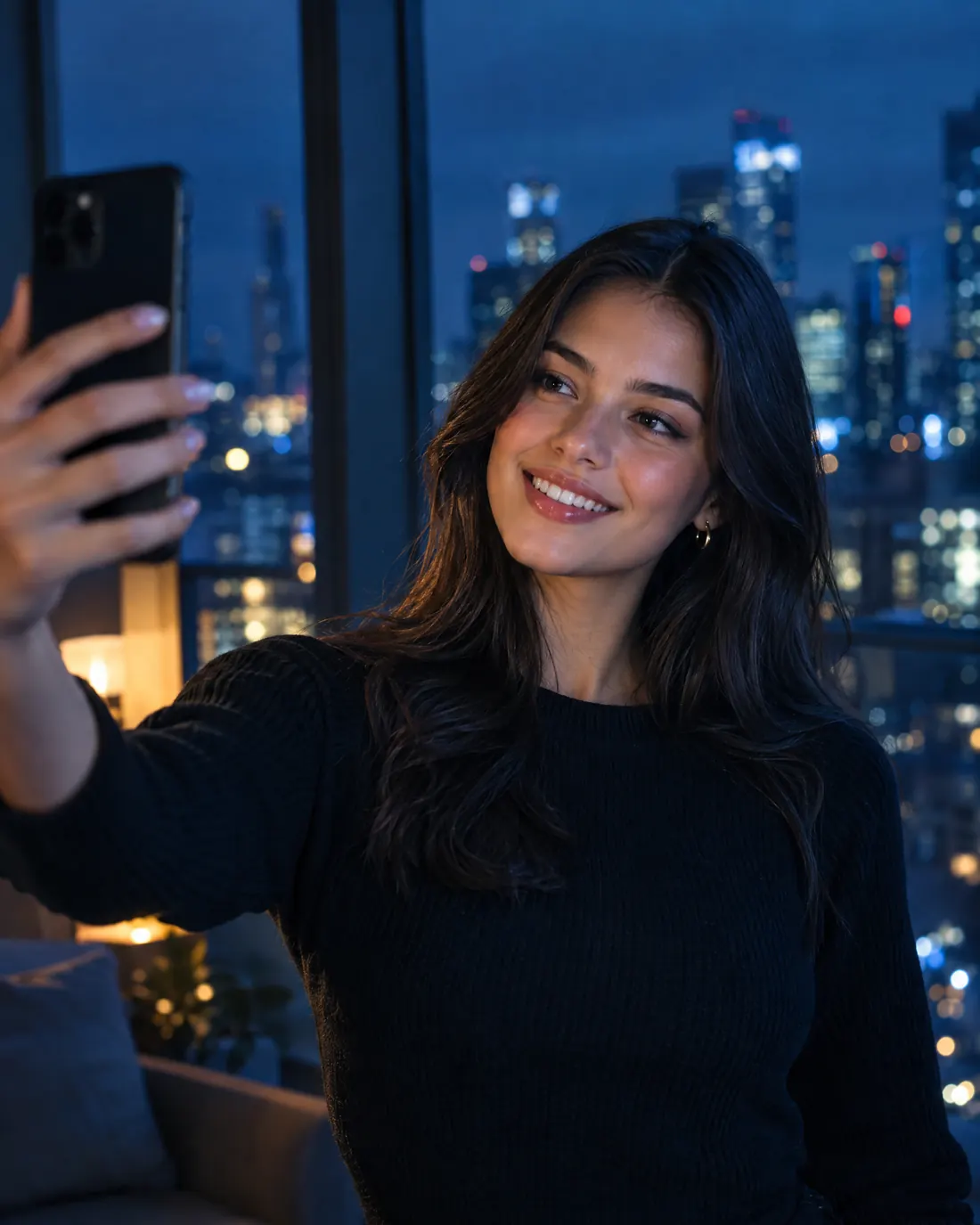 Une jeune créatrice souriante se filme avec son téléphone le soir, devant la ville illuminée
